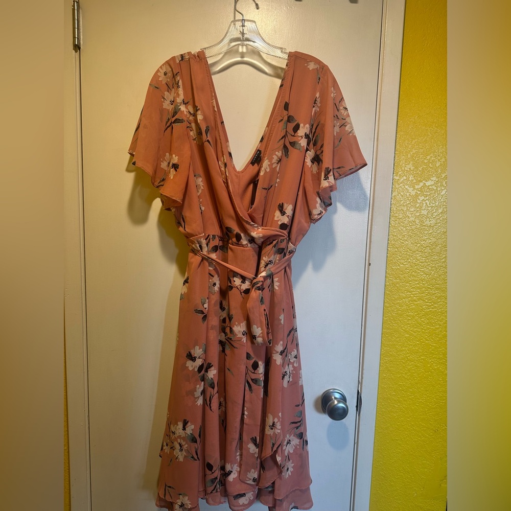 Torrid Midi Chiffon Wrap Floral Peach Dress, 3X, Plus Size